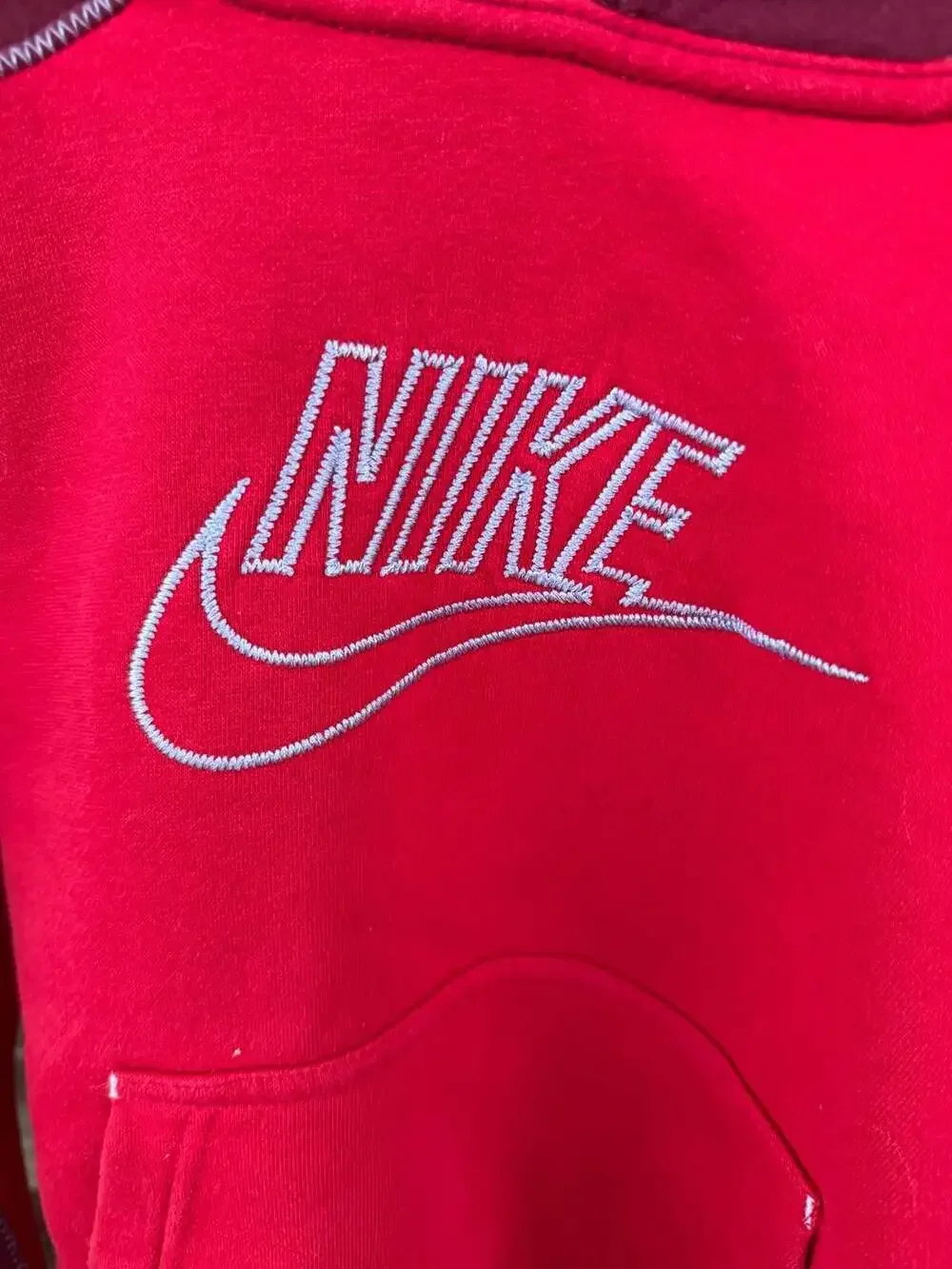 Nike Vintage Style Colorblock Red and Burgundy Embroidered Logo Hoodie